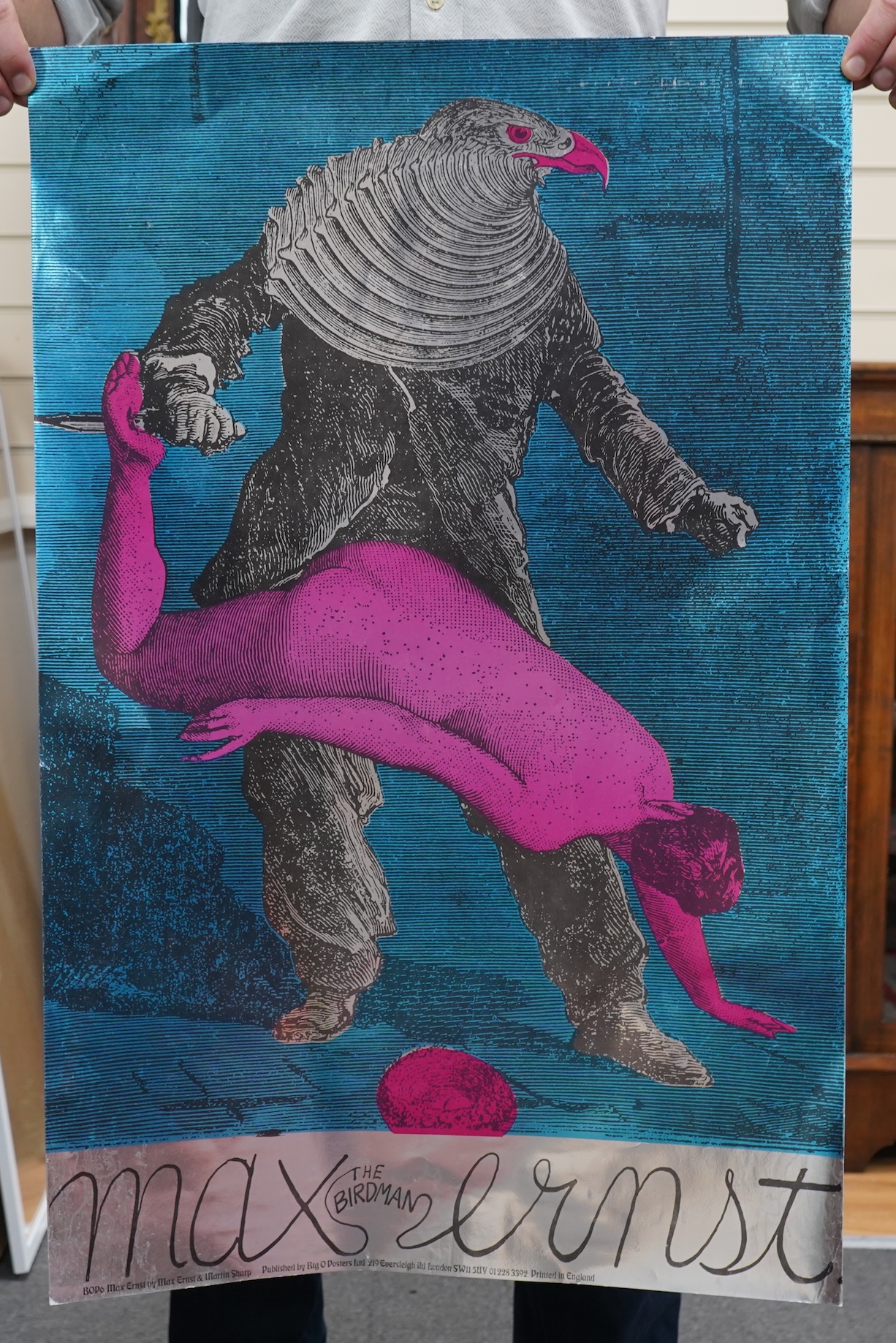 Two unframed psychedelic posters by designed by Martin Sharp comprising The Birdman, BOP6, Max Ernst and Live, Give Love, BOP4, each published by Big O Posters, printed in England, largest 76 x 50cm